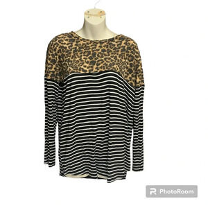 Grateful hearts leopard/black & white striped top size medium